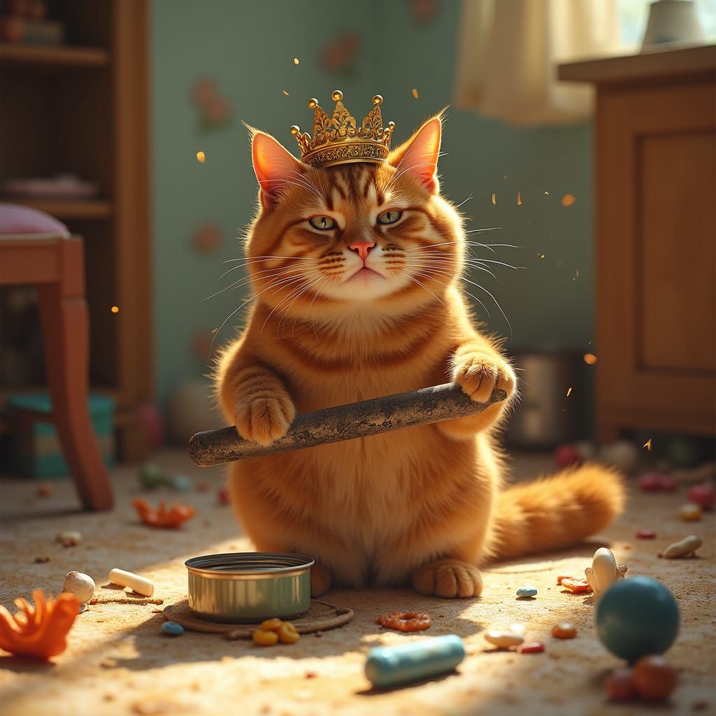 Regal Ginger Cat in Comical Kitchen Scene
