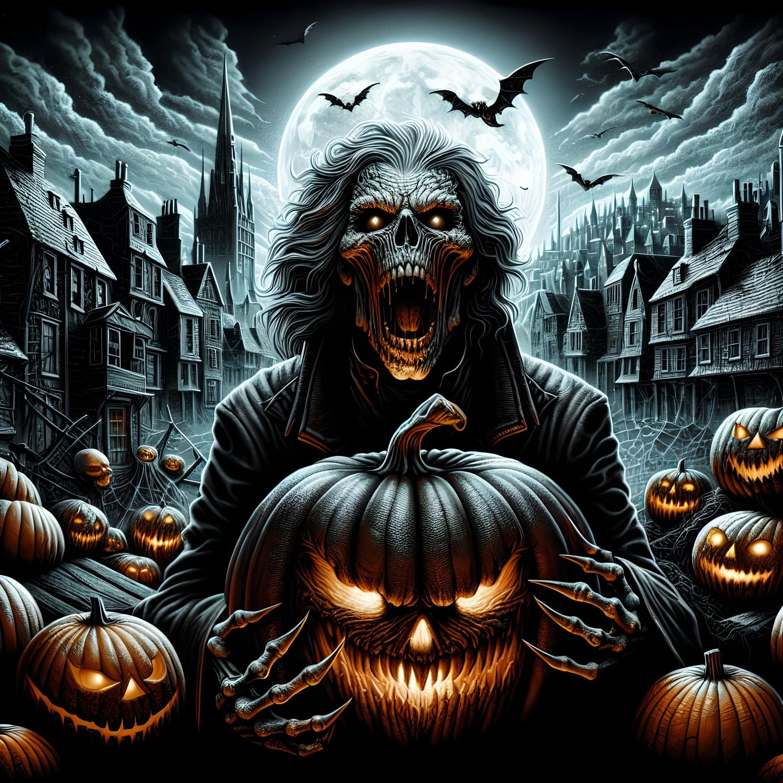 Halloween Ghost with Pumpkin in Spooky Townscape