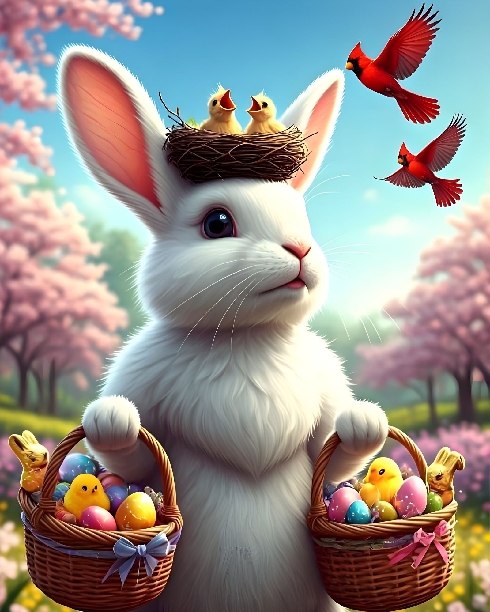 Sweet Easter Bunny with Pastel Easter Baskets and Baby Cardi...