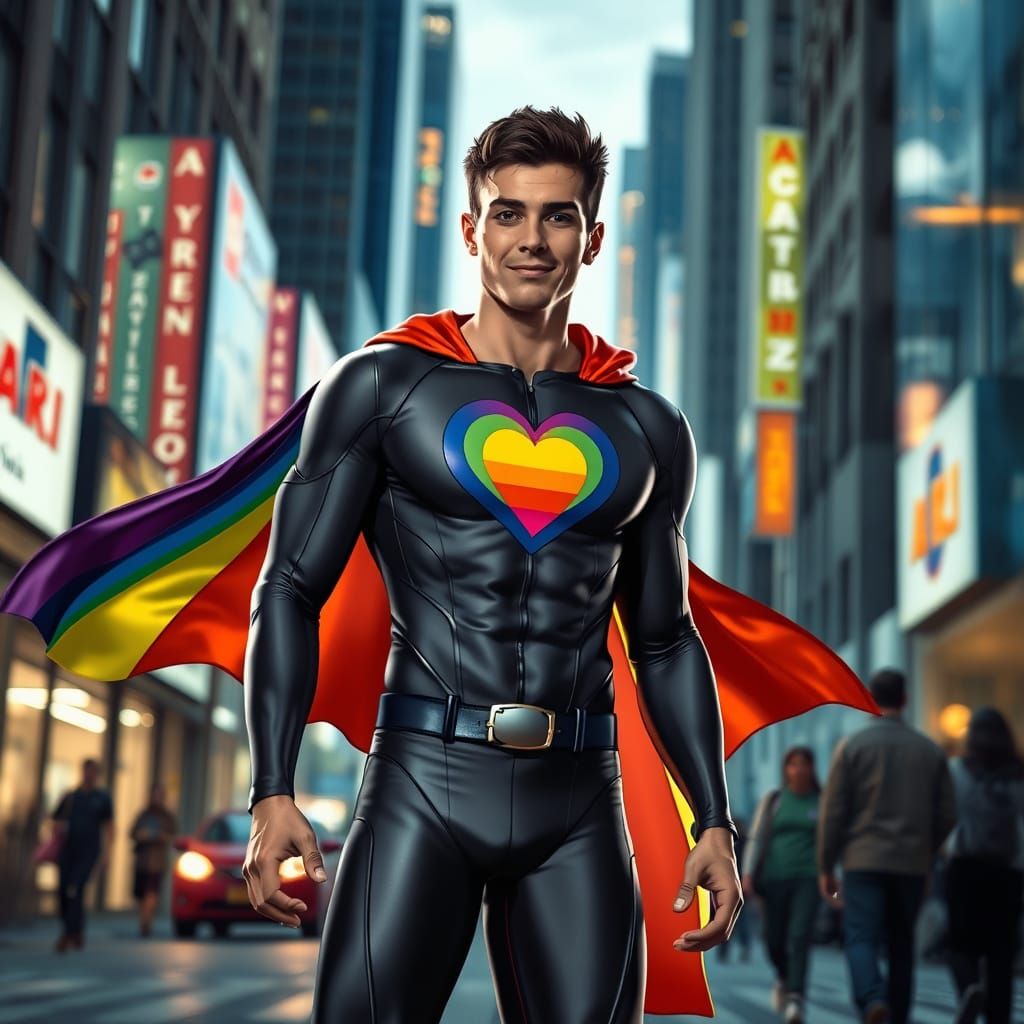Gay Superhero on Bustling City Street in Comic Book Style