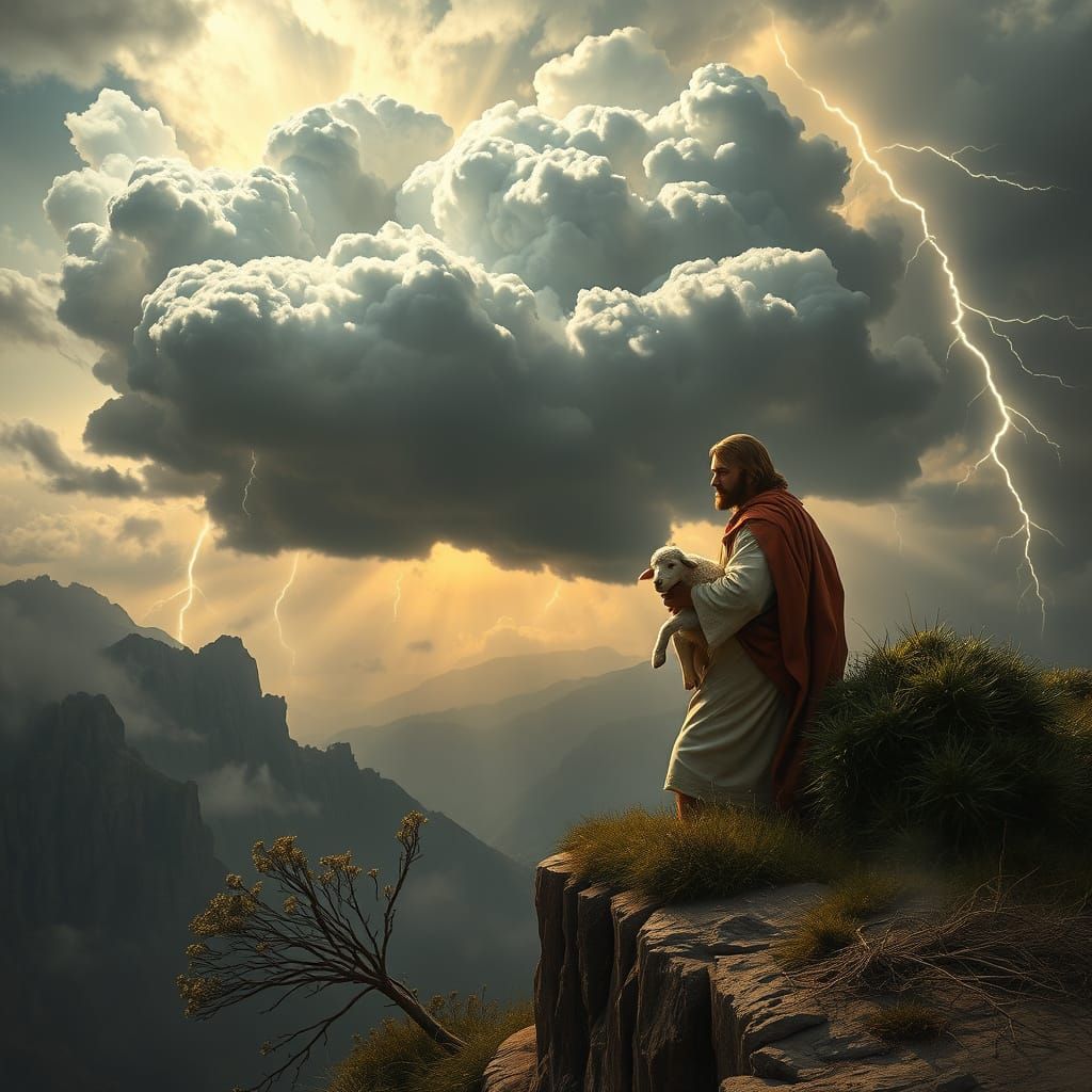 Jesus Carries Lamb on Cliff Edge Under Stormy Skies