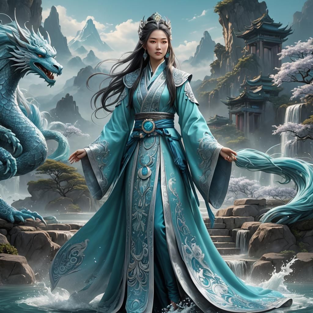 Xianxia prince in light turquoise and silver. Long hair, Immortal Lady of the Water Tribe.