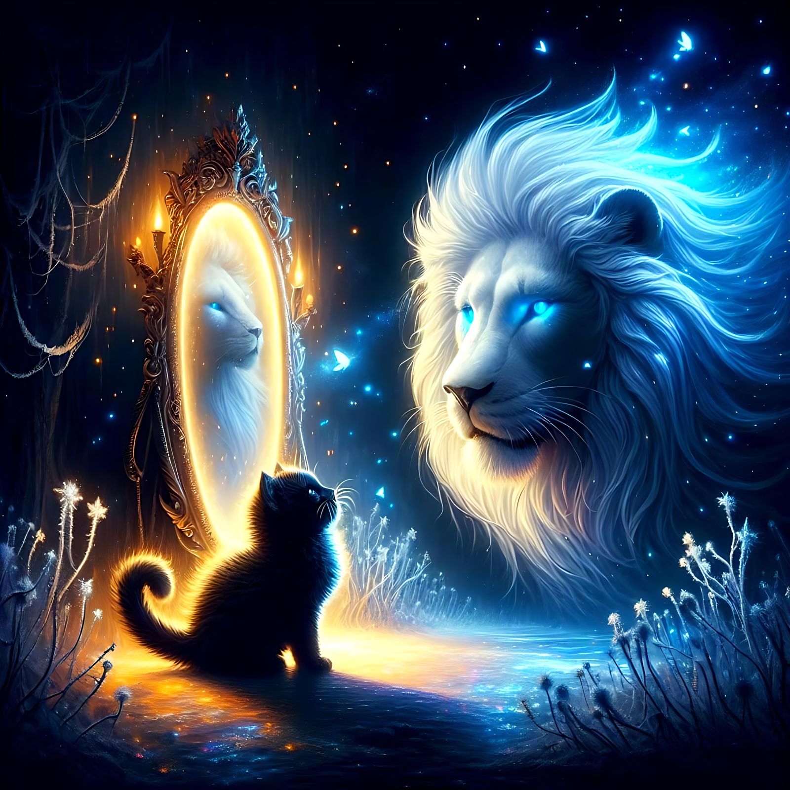 Black Cat, White Lion: Mystical Mirror Reflection