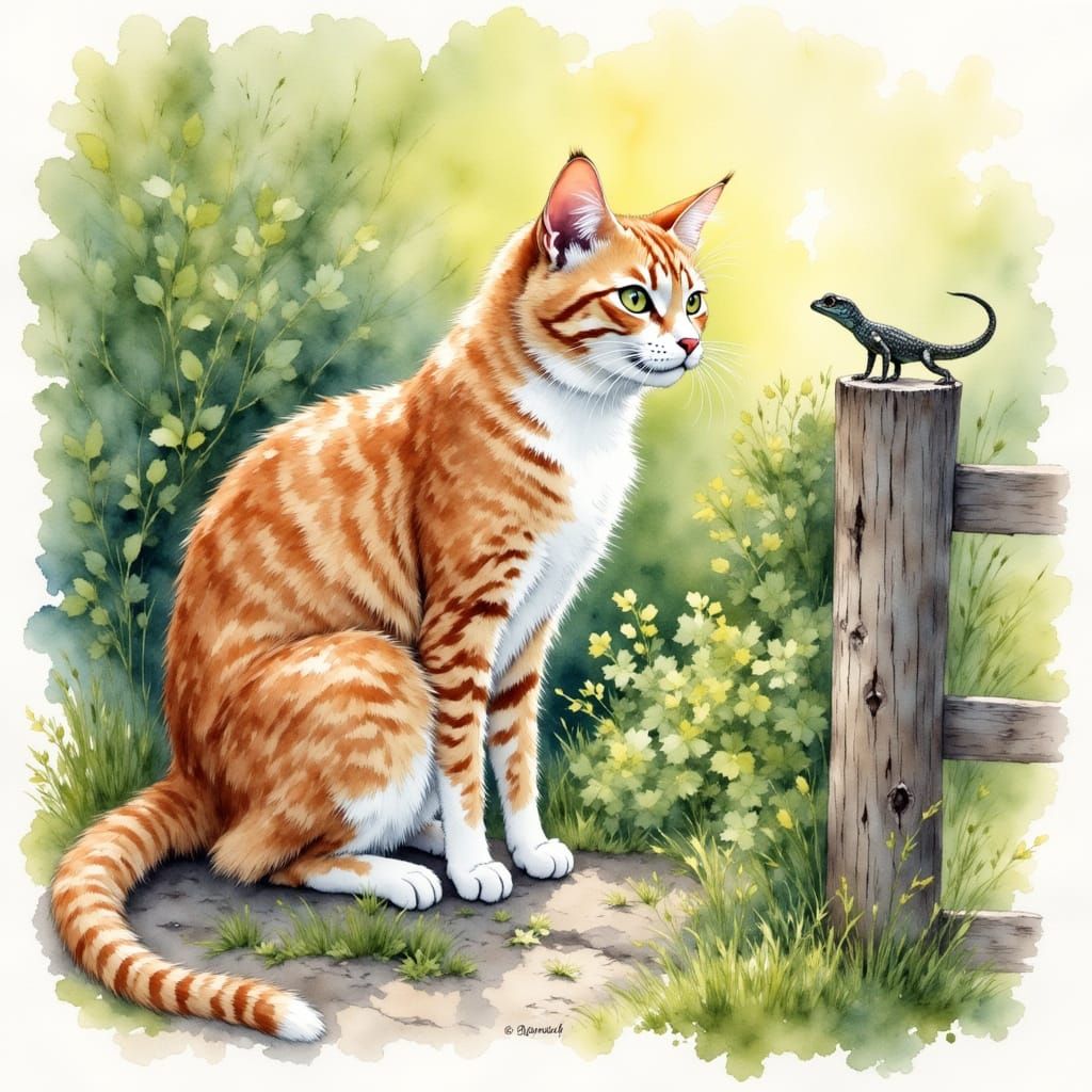 Stylish Feline Watches Lizard Climb