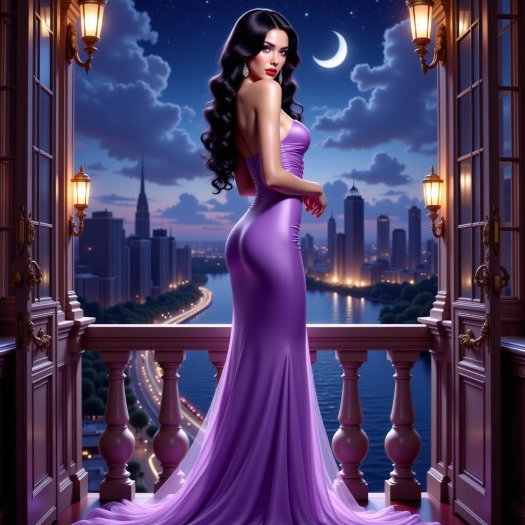 Korean Woman in Violet Dress: Pin-Up Style