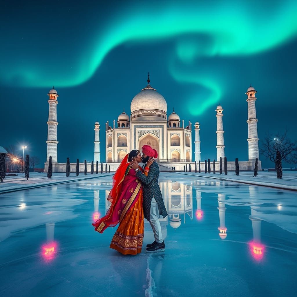 Taj Mahal in Winter Wonderland with Aurora Borealis