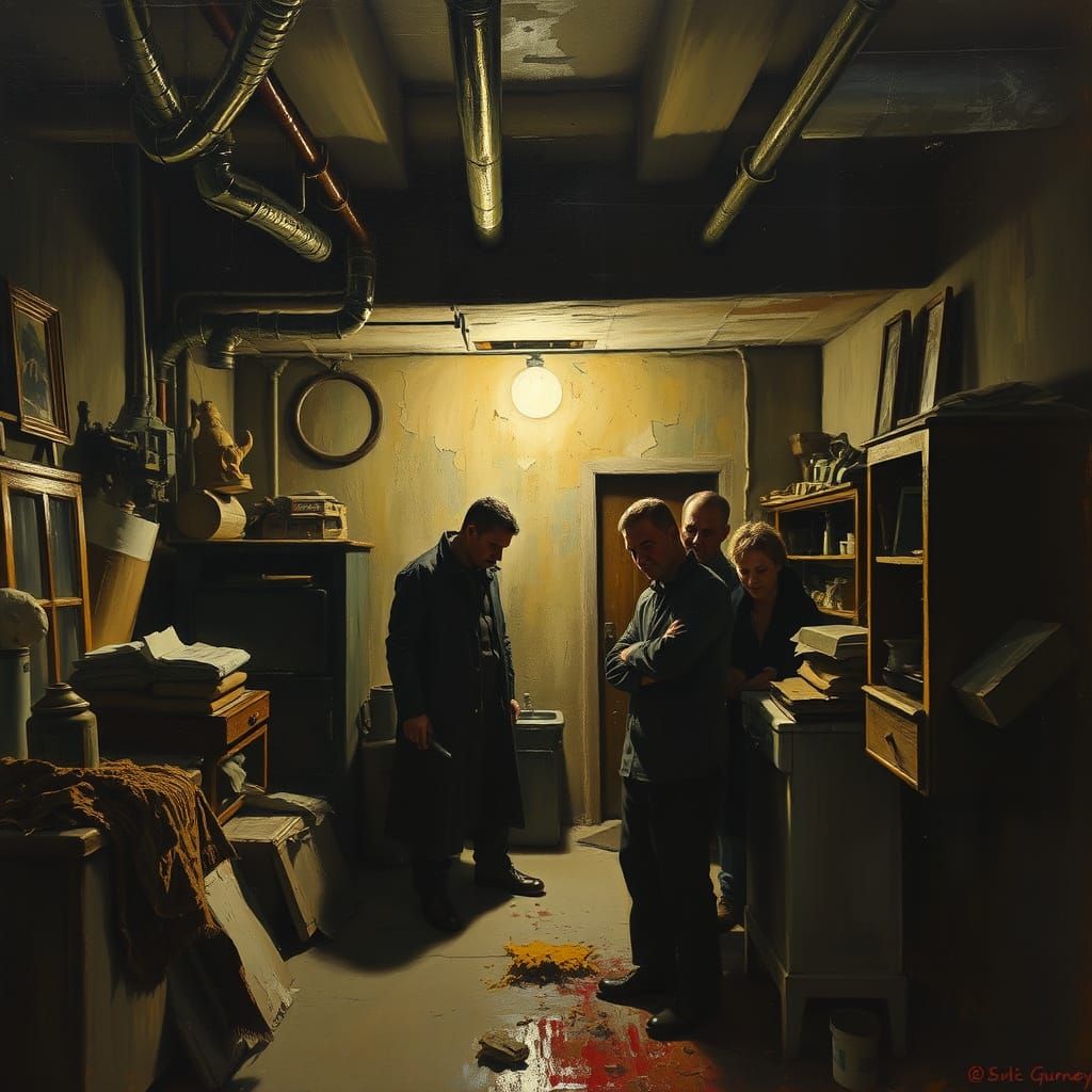 Pulp Fiction Basement Scene in Dramatic Oil Painting Style