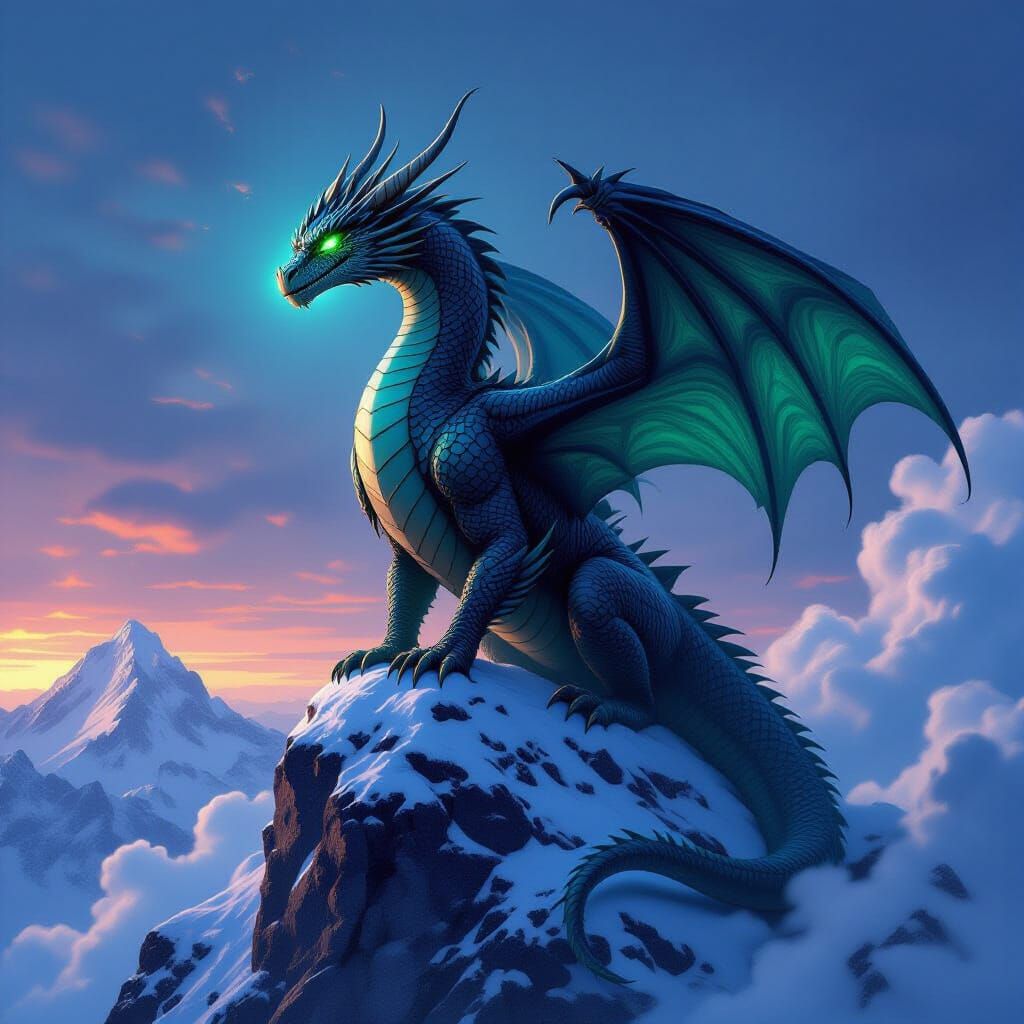 Dragon Perched on Snowy Peak at Twilight