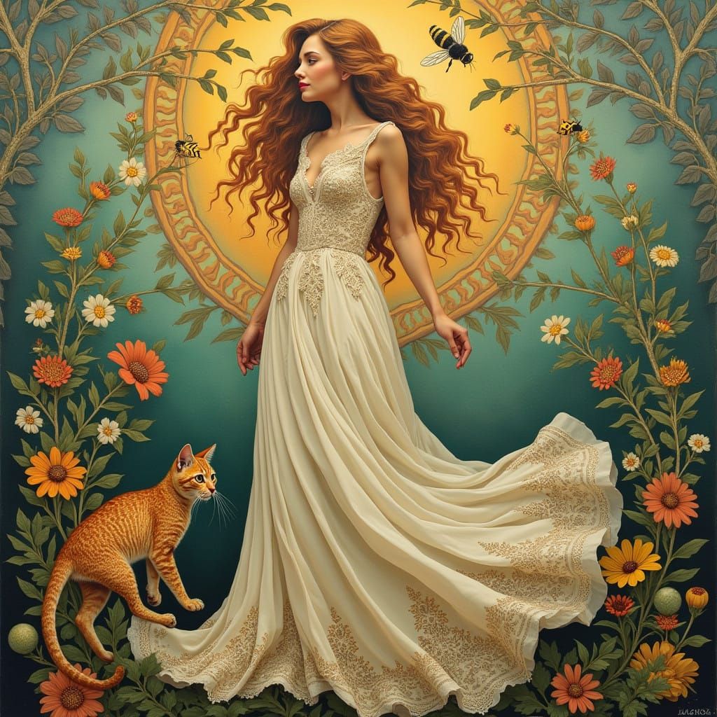 Ethereal Art Nouveau Goddess Surrounded by Whimsy