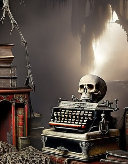 Haunted Office: Skeleton at Victorian Typewriter