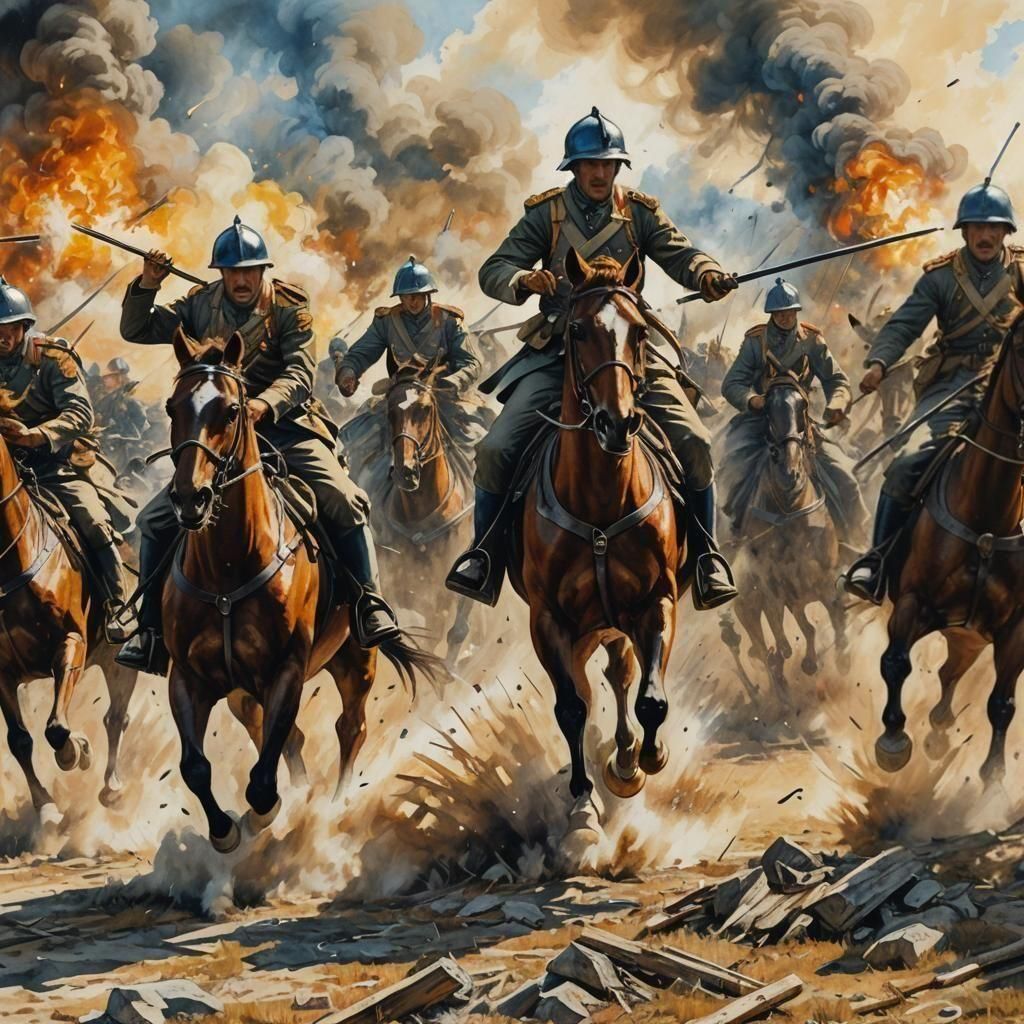 WWI Cavalry Charge in Bold Oil Painting Style