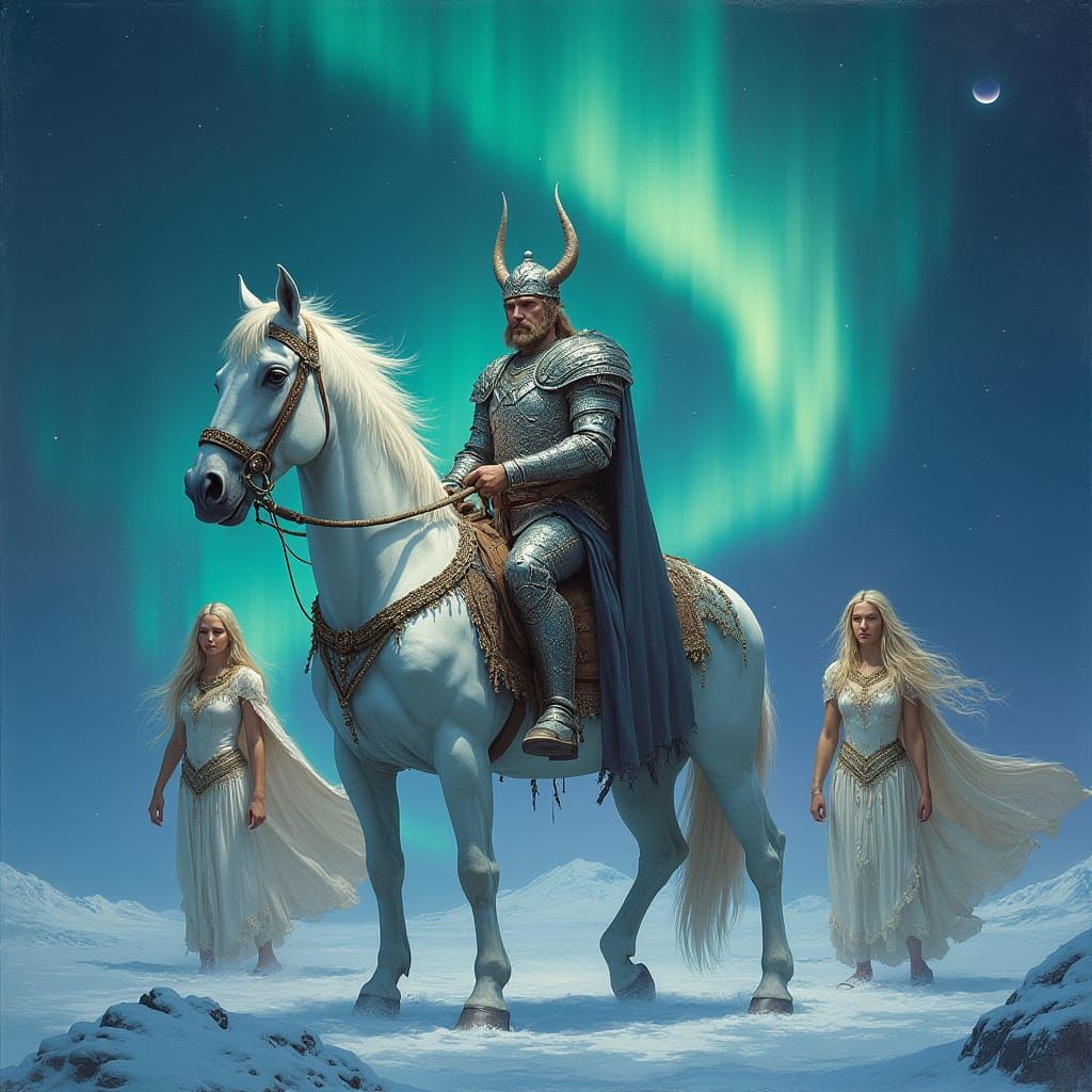 Nordic Warrior Rides Under Northern Lights with Valkyries