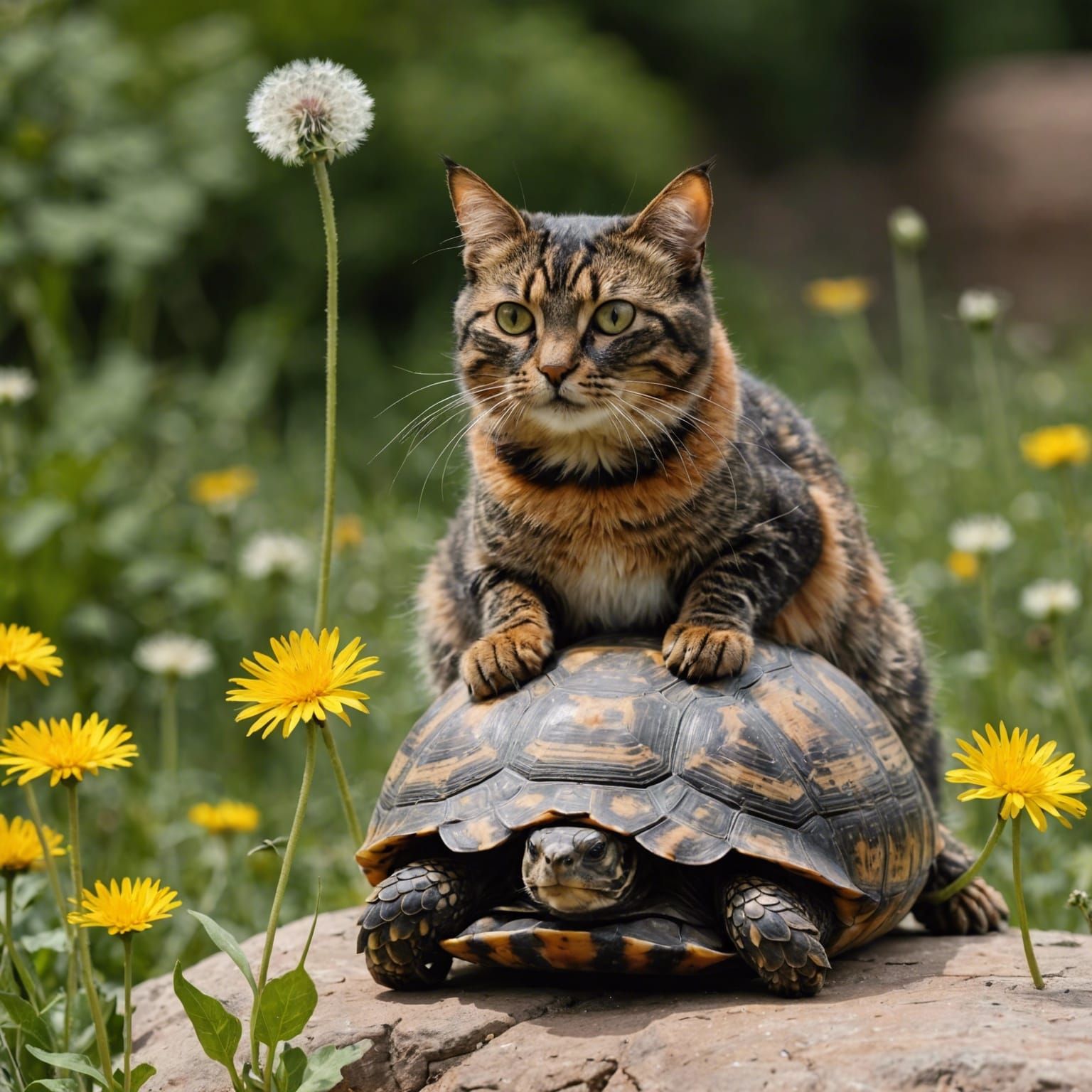 Tortoiseshell Cat Rides Greek Tortoise to Dandelion