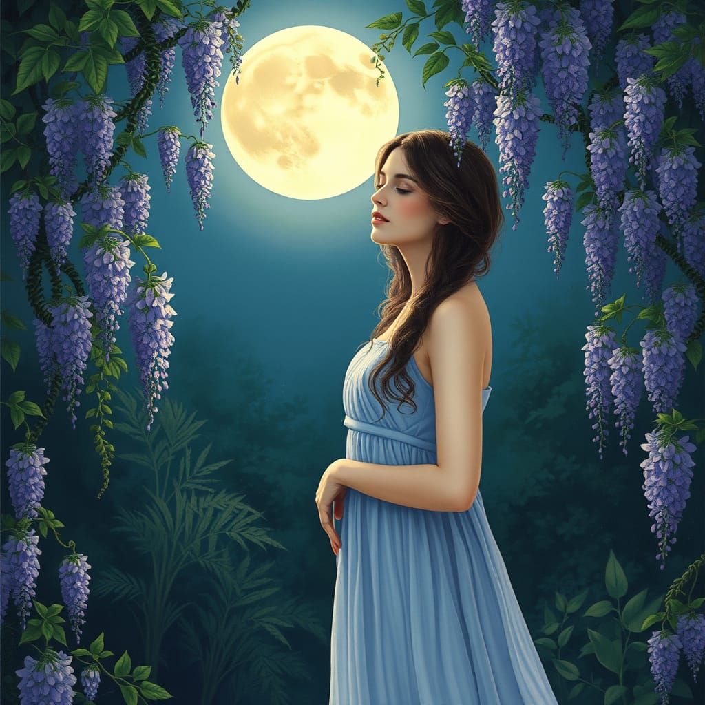 Serene Woman in a Moonlit Wisteria Garden