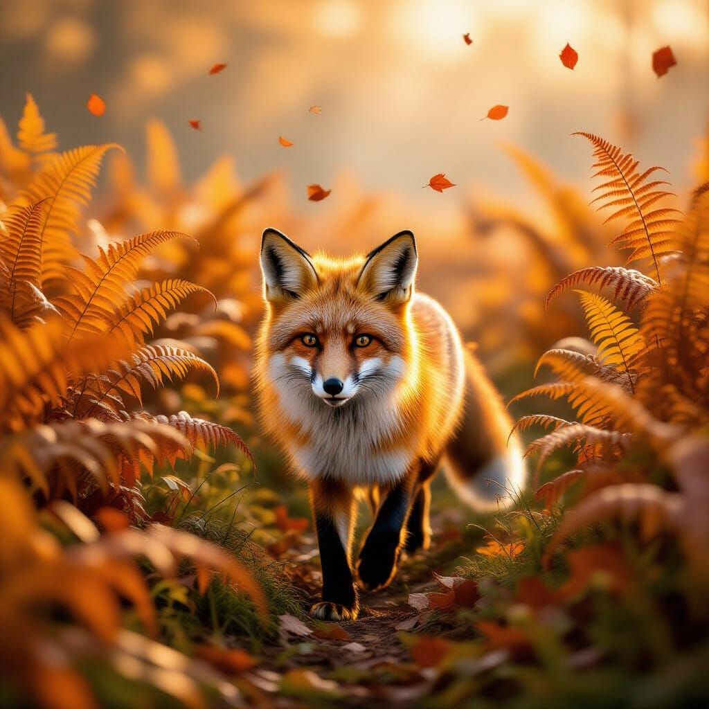Fluffy Red Fox in Misty Autumn Ferns