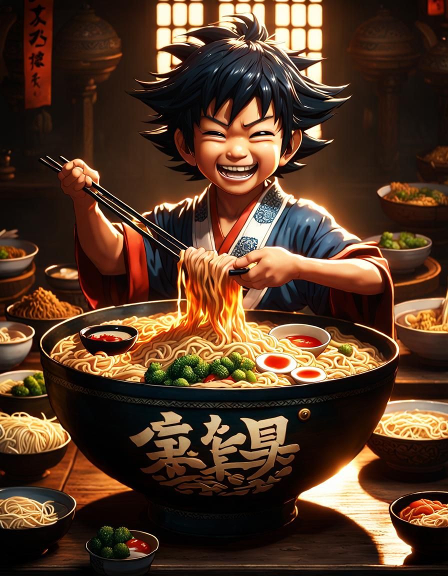 Goku and Giant Ramen Bowl, Hyperdetailed Art