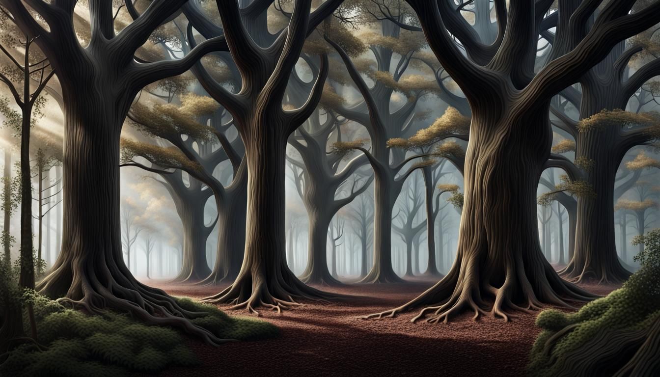 Hyperrealistic Living Dark Wood with Whispering Trees