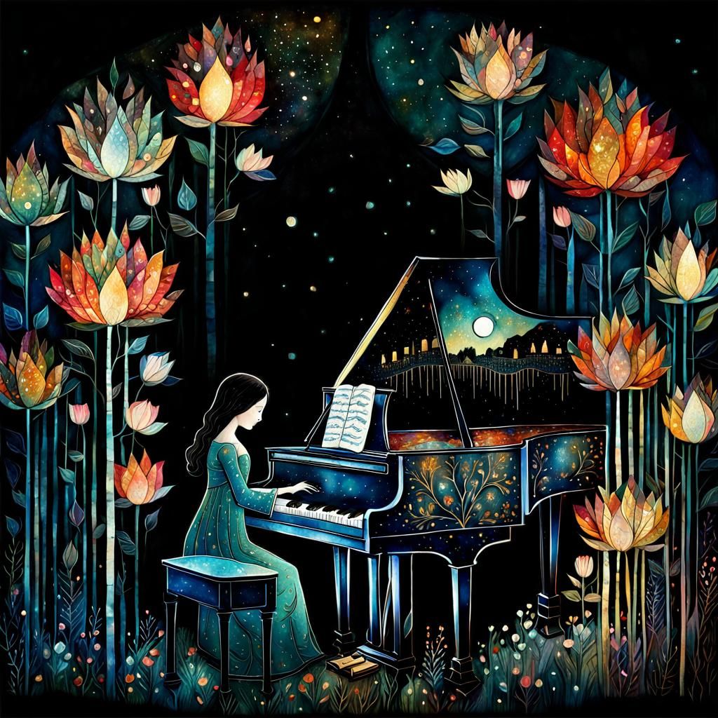 Girl Plays Piano at Night in Folk Art Style