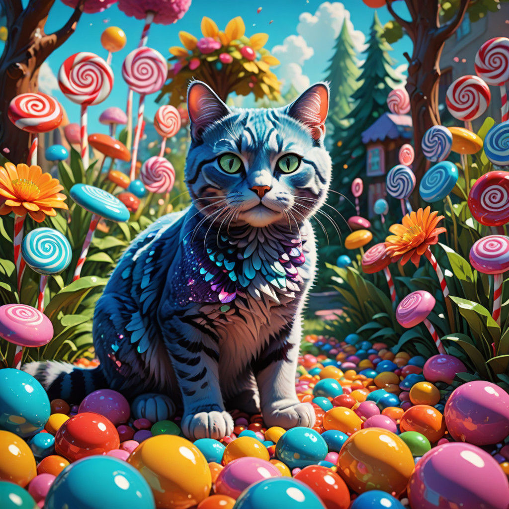 Whimsical Cat Sprints Through Candy Garden
