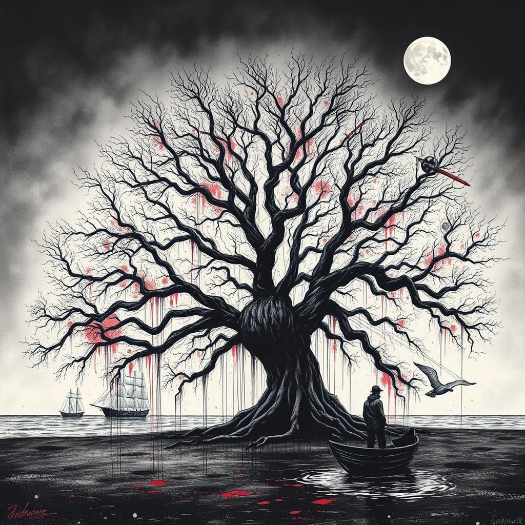 Surreal Oak Tree on Beach in Mixed Media Style