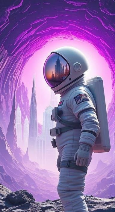 Astronaut on Alien Planet Reflecting Futuristic City