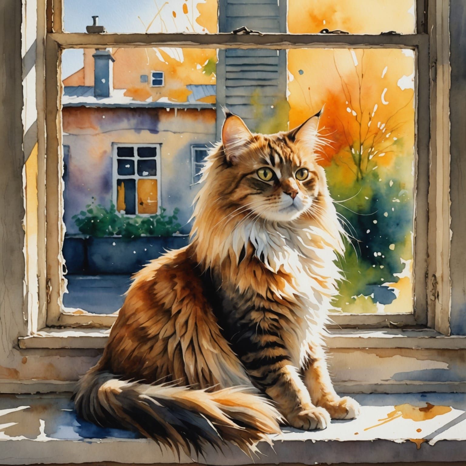 Exotic Cat Lounging: Watercolor Gouache Masterpiece