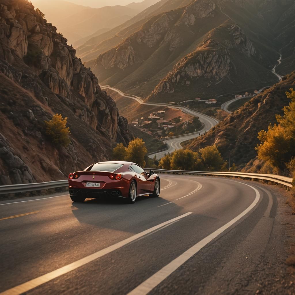 Golden Ferrari Drives Mountain Roads at Sunset
