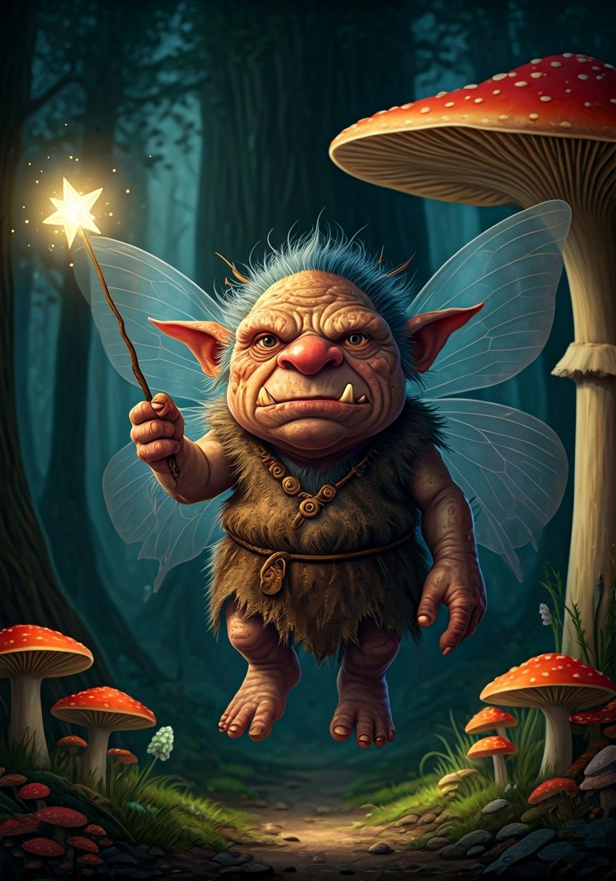 Grumpy Fairy Waves Wand in Whimsical Forest