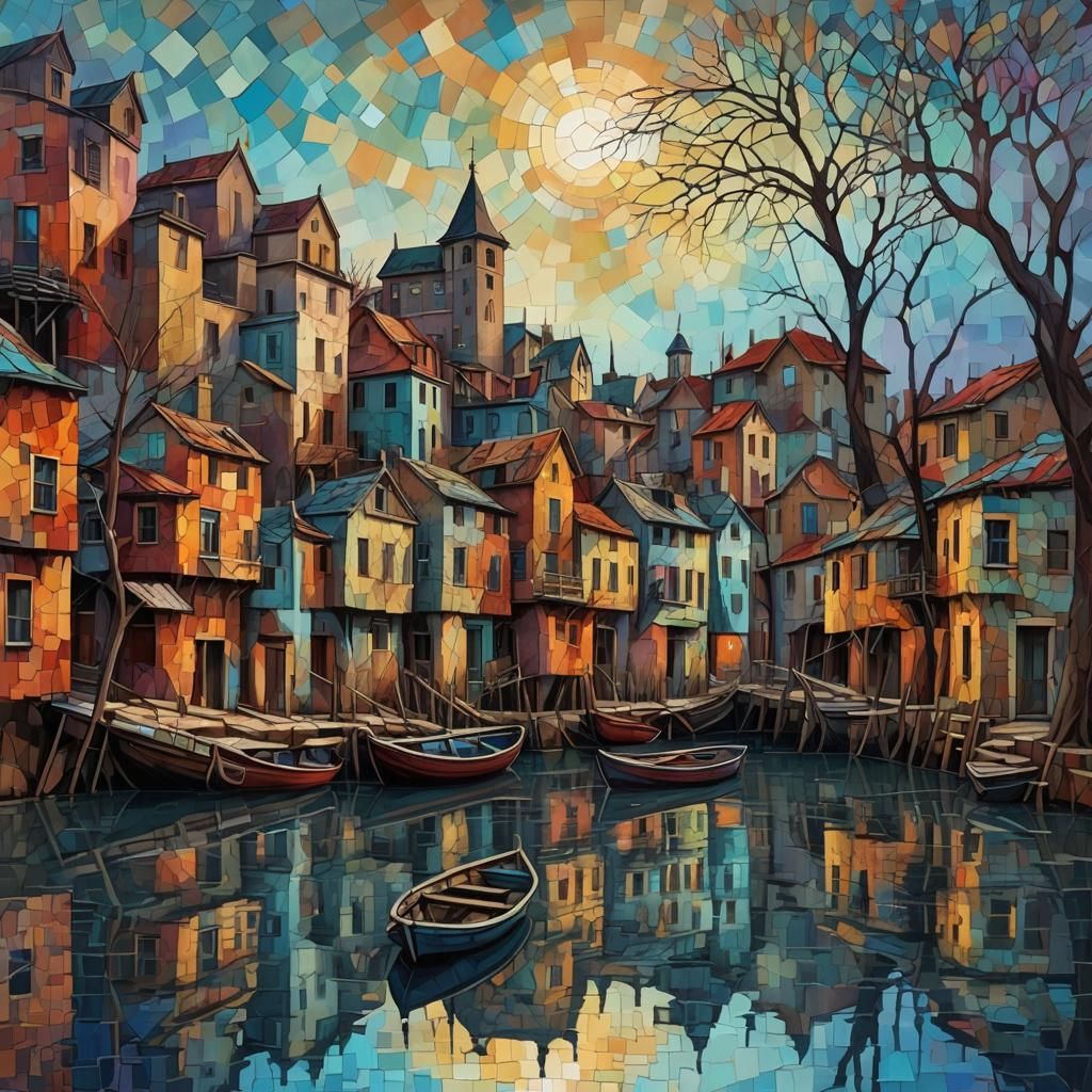 Colorful Decaying Cityscape in Neo-Impressionistic Style