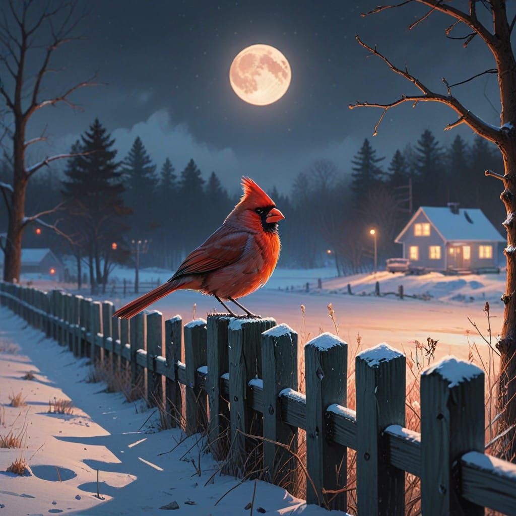 Whimsical Christmas Cardinal in Snowy Night Landscape