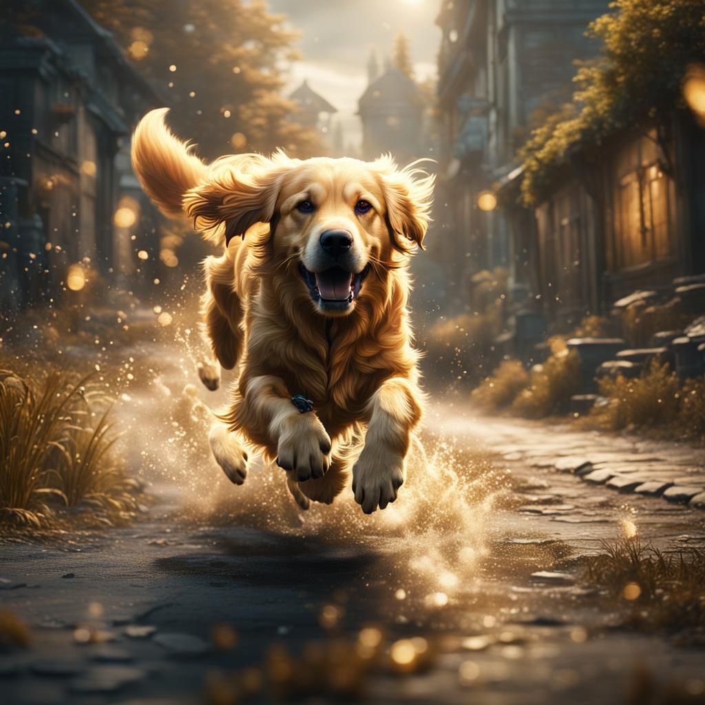 Golden Retriever Runs Towards Viewer: Detailed Matte Paintin...