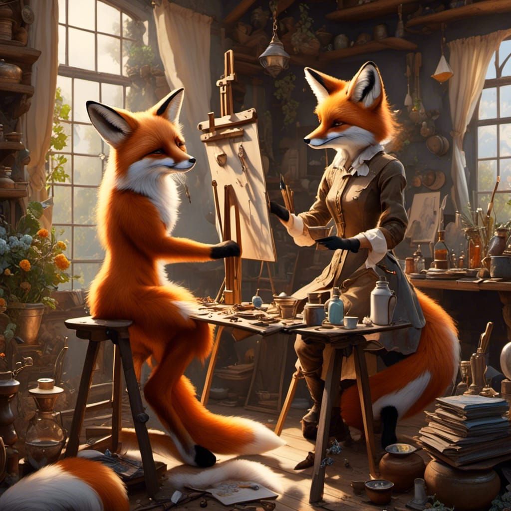 Cute Fox Girl Artist in Fantasy Room