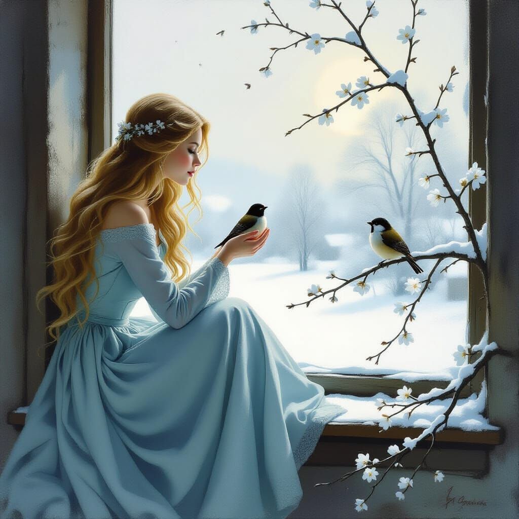 Woman Gazing at Winter Landscape with Birds