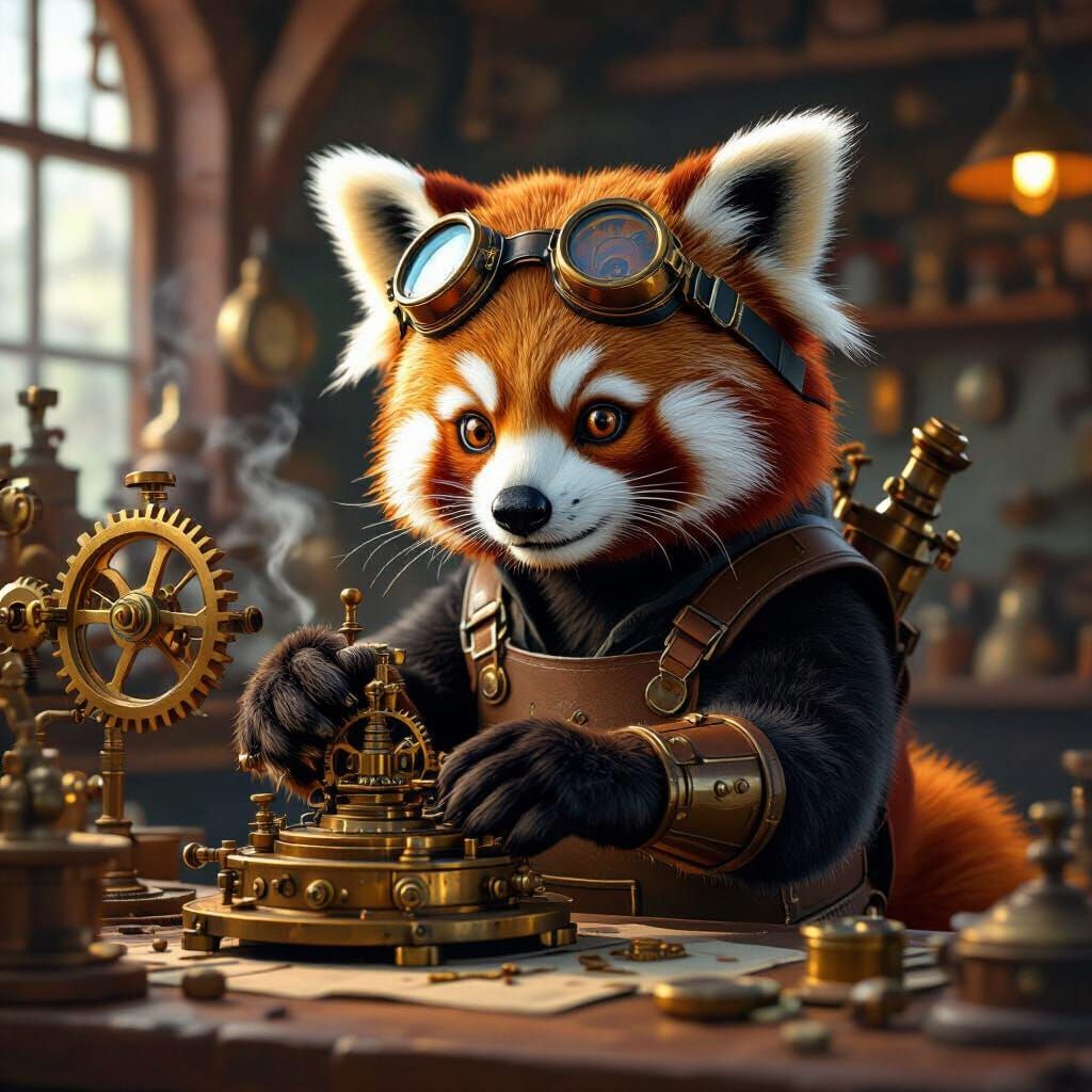 Steampunk Red Panda Inventor Tinkering with Brass Contraptio...