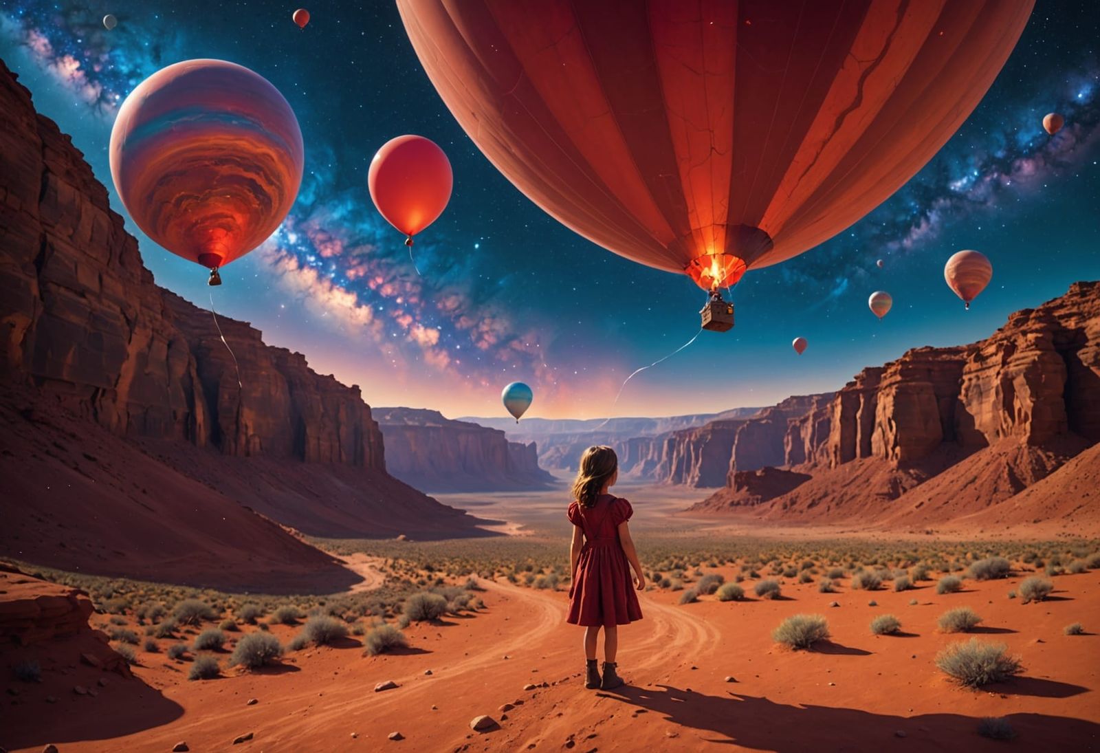 Girl with Galaxy Balloon on Mars Canyon at Dawn