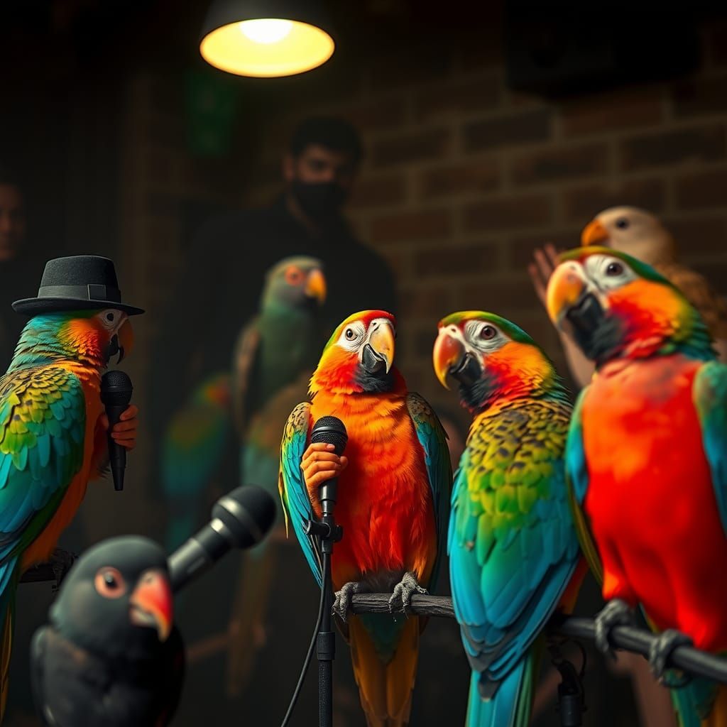 Parrots Perform Comedy in Smoky Club, Cinematic Style