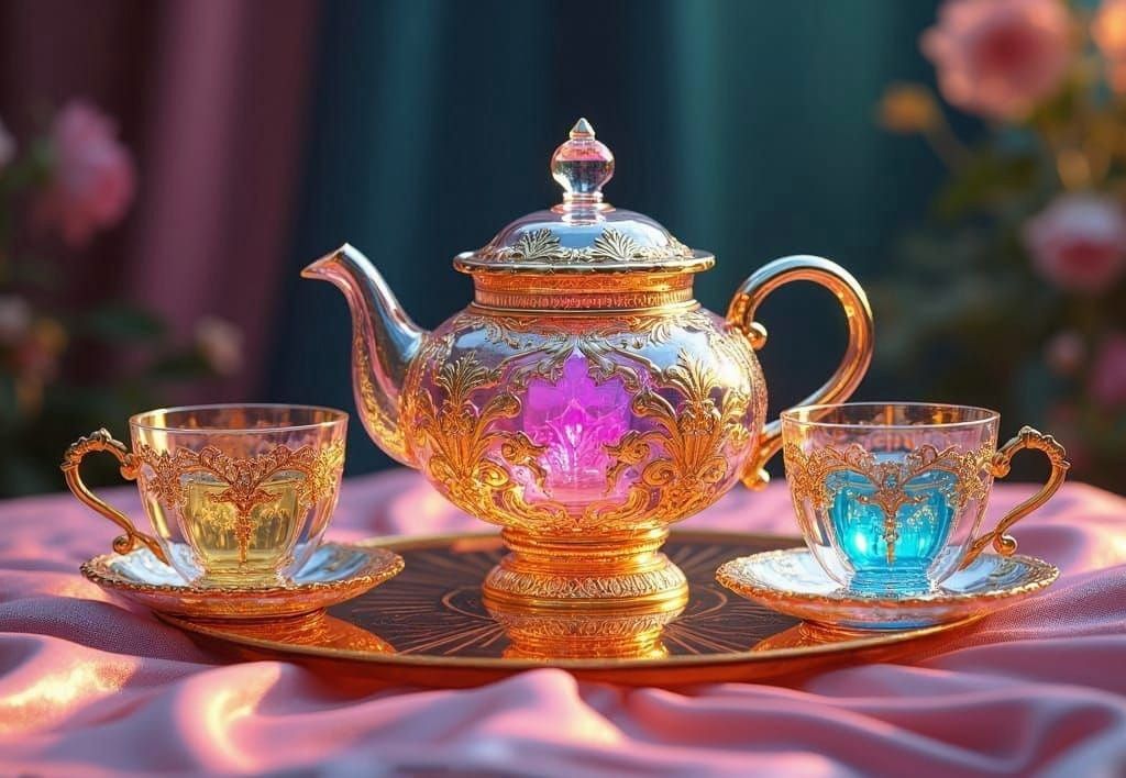 Spectacular Multicolored Glass Teapot and Cups in Intricate ...