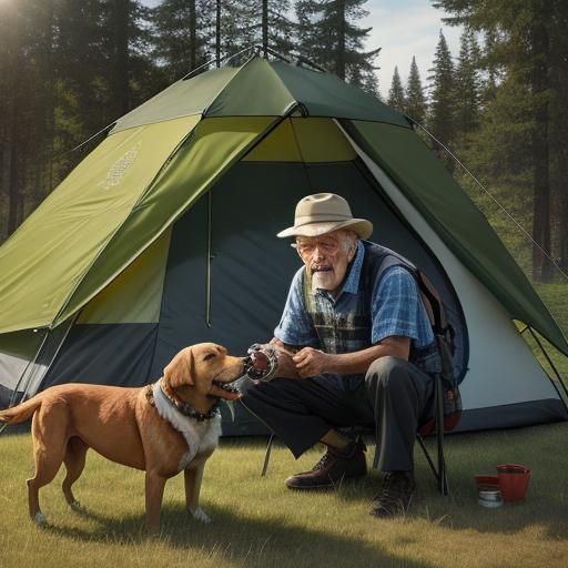 Man and Dog Camping: Hyperrealistic Splash Art