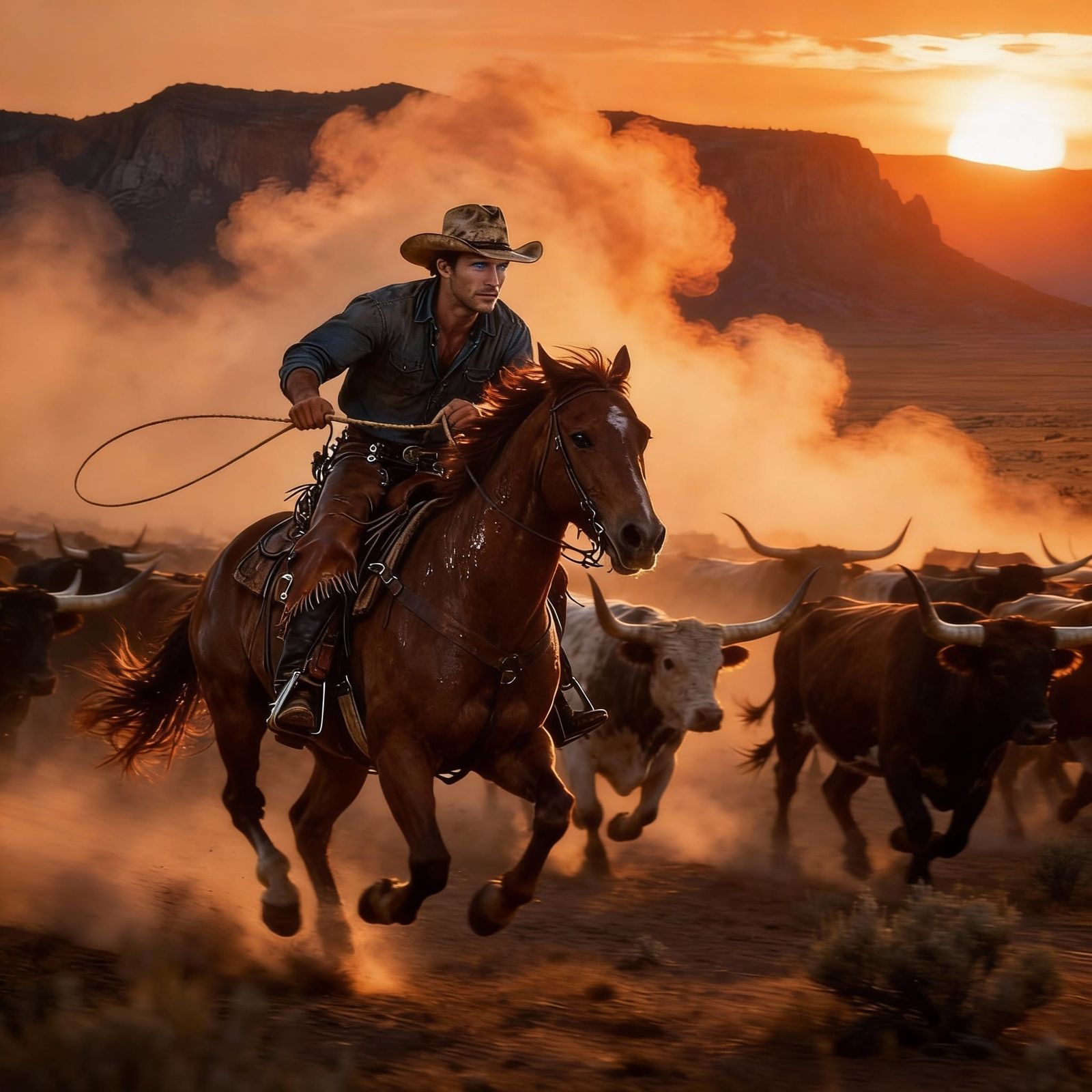 Cowboy Herds Cattle at Golden Hour Sunset