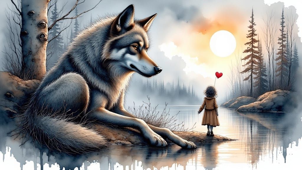Girl and Wolf Portrait in Watercolor Style