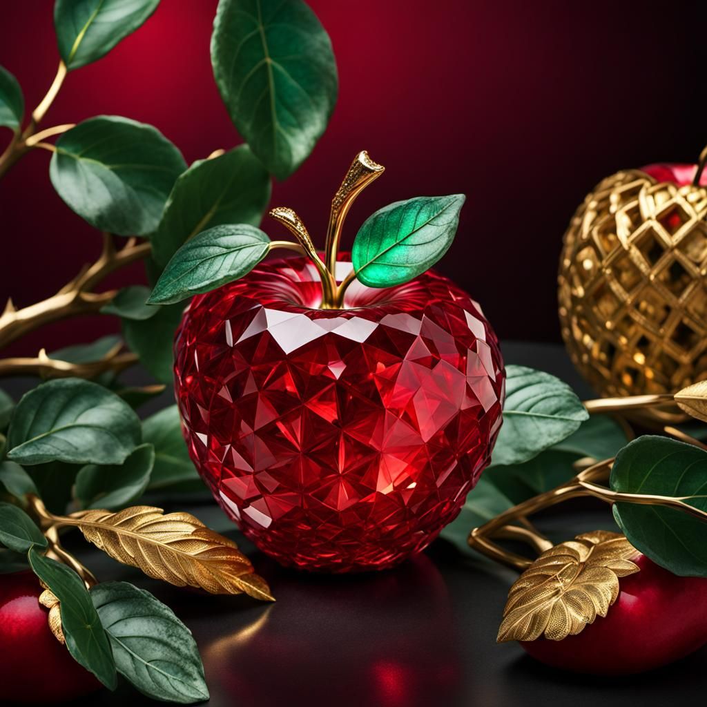 Hyperrealistic Red Crystal Apple with Emerald Leaf
