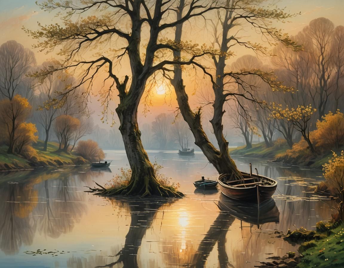 Romanticist Fishing Boat at Sunset in Misty Landscape