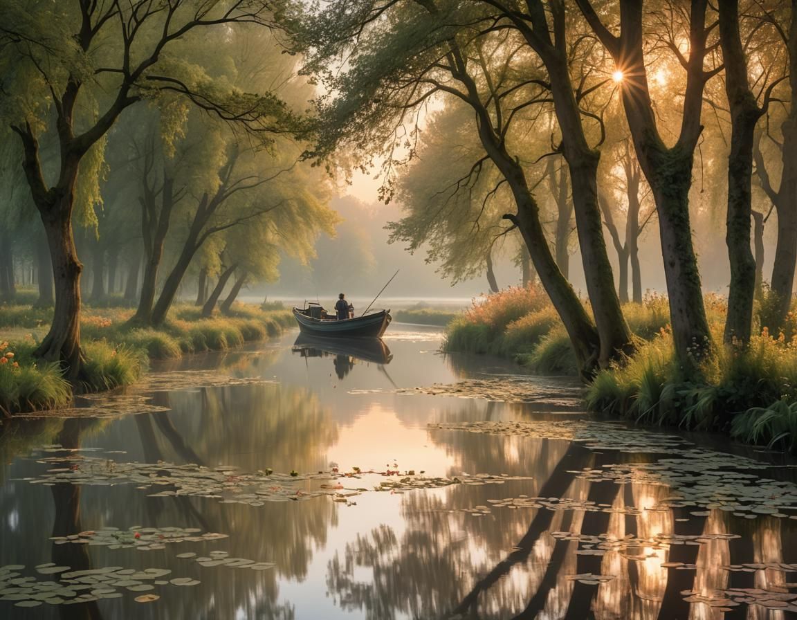 Ethereal Landscape with Fishing Boat in Romantic Style