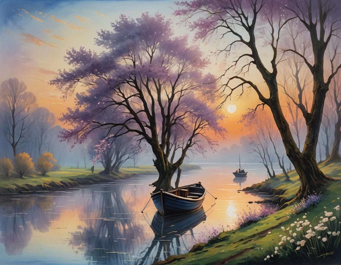 Romantic Landscape Painting: Boat on Waterway
