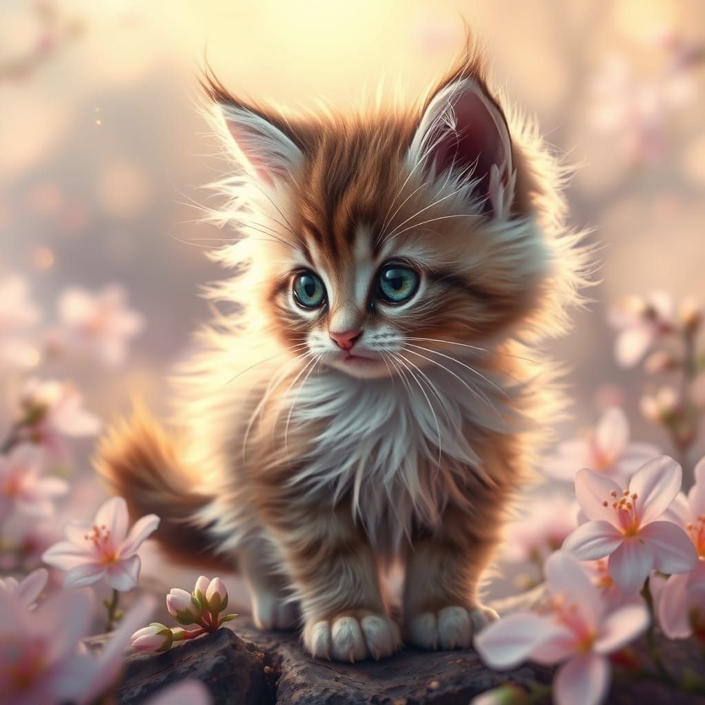 Kitten, Pink Flowers