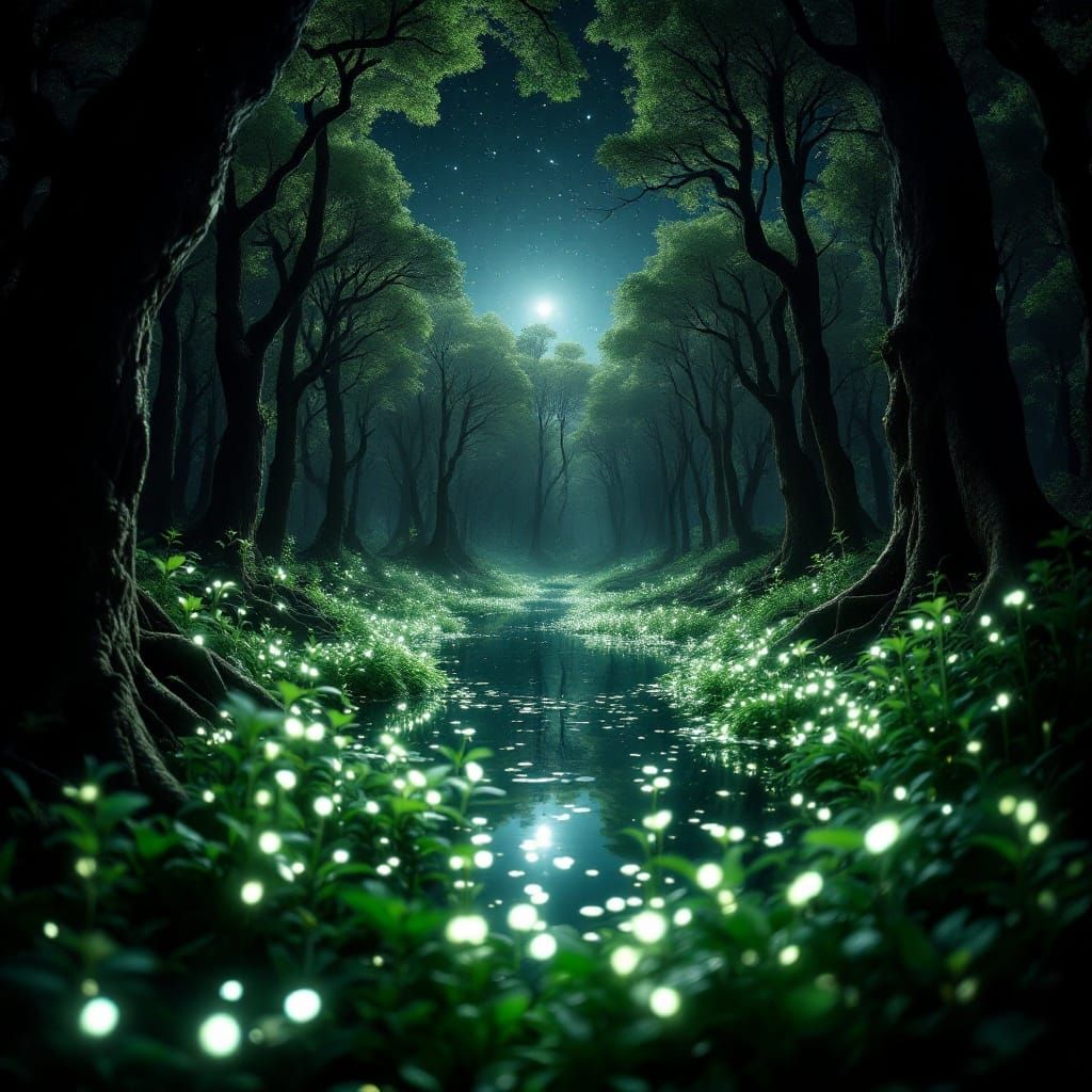 Surreal Inverted Forest Scene with Bioluminescent Plants