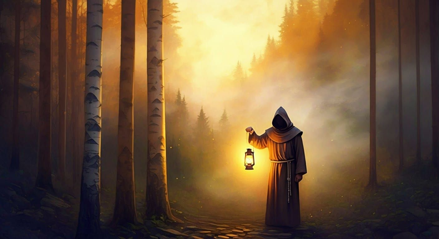 Monk in Mystical Forest with Lantern, Dreamlike Art