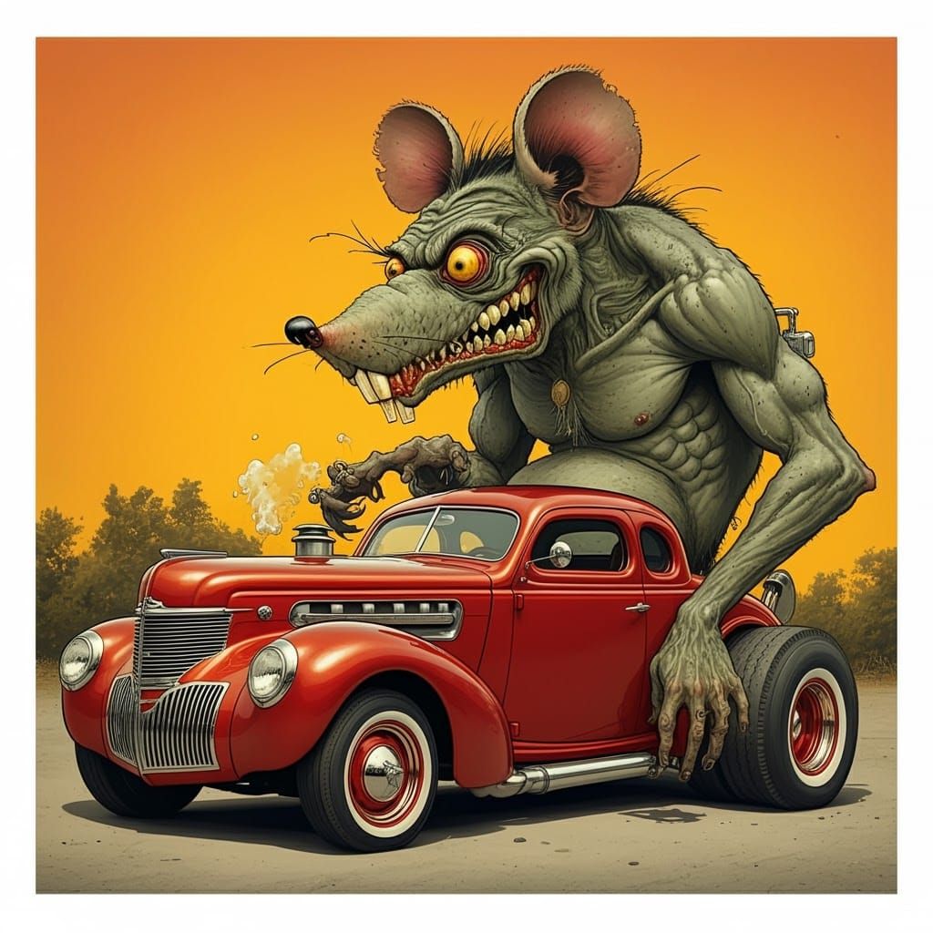 Grotesque Car Creature in Vibrant Lowbrow Art
