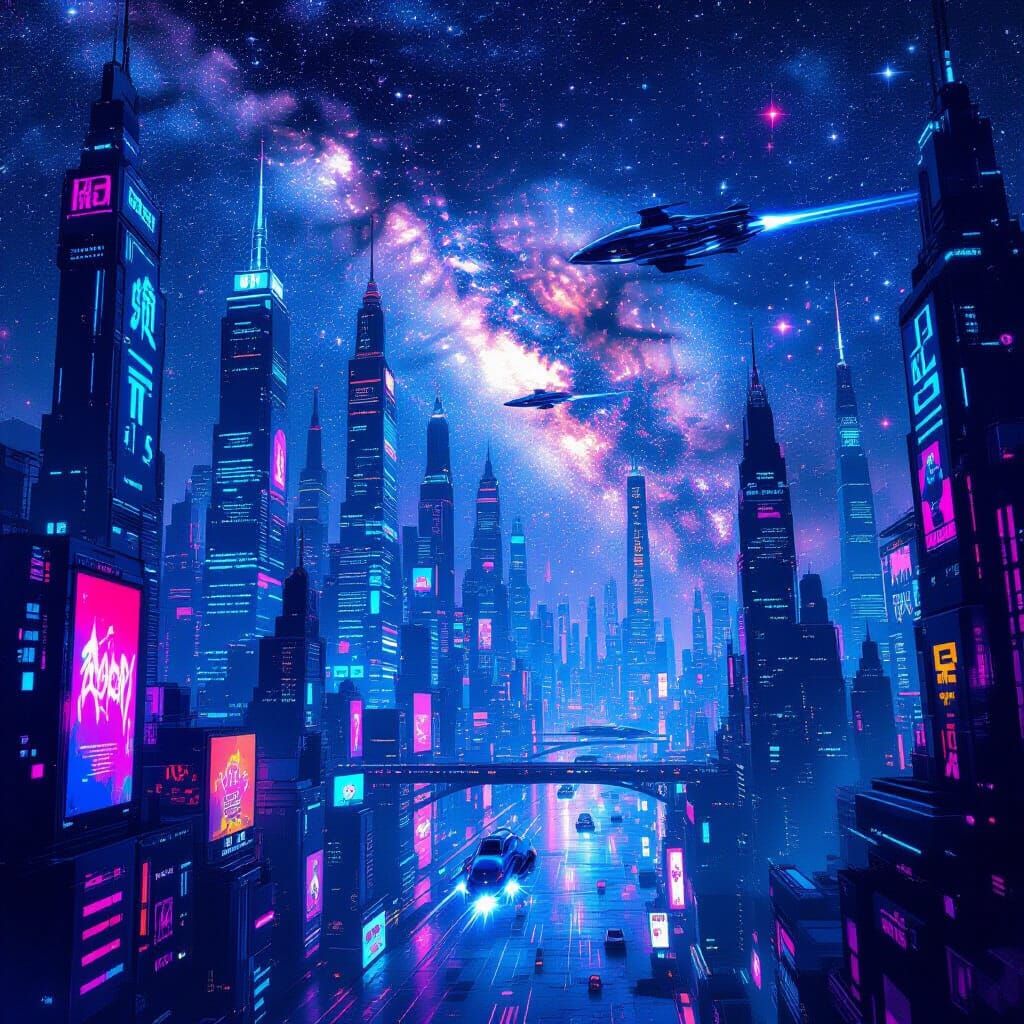 Futuristic Milky Way Cityscape in Graffiti and Splash Art St...