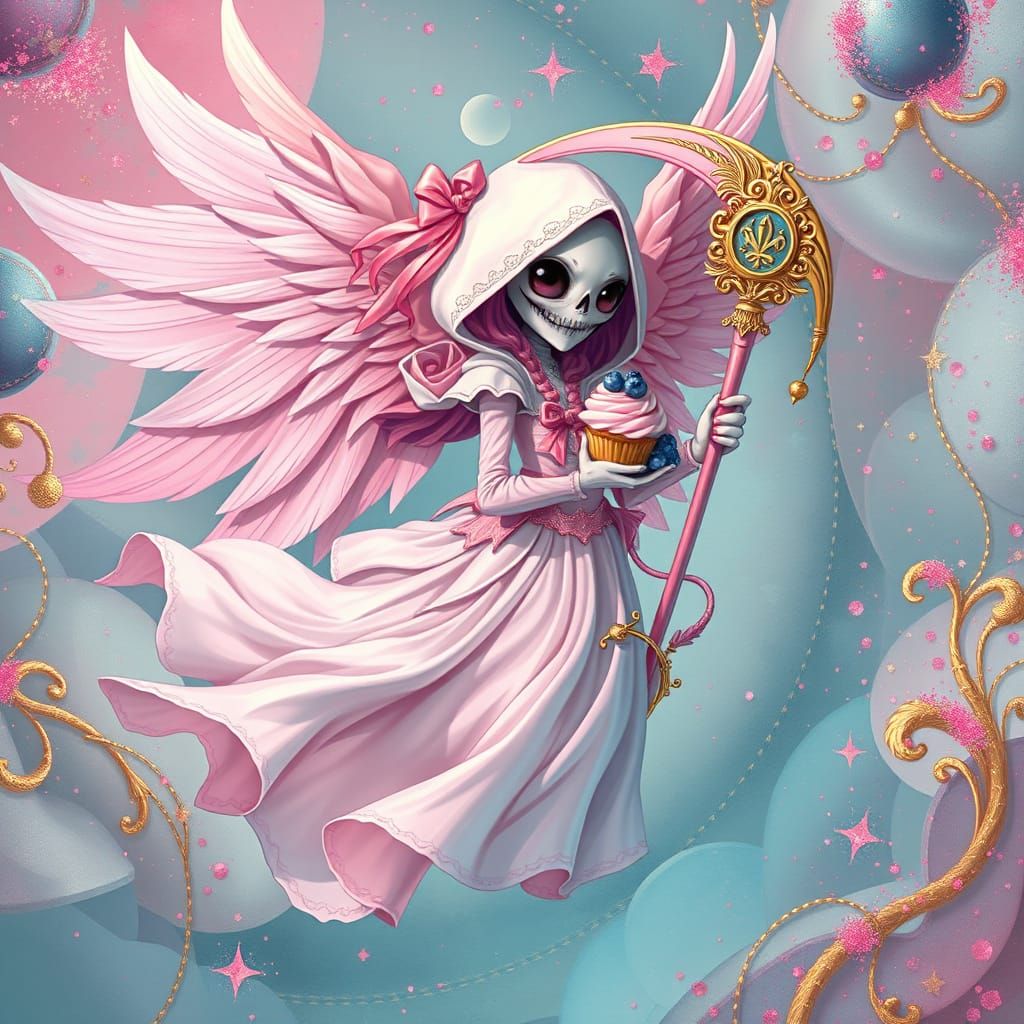 Kawaii Death Angel in Opulent Pastel Dreamscape